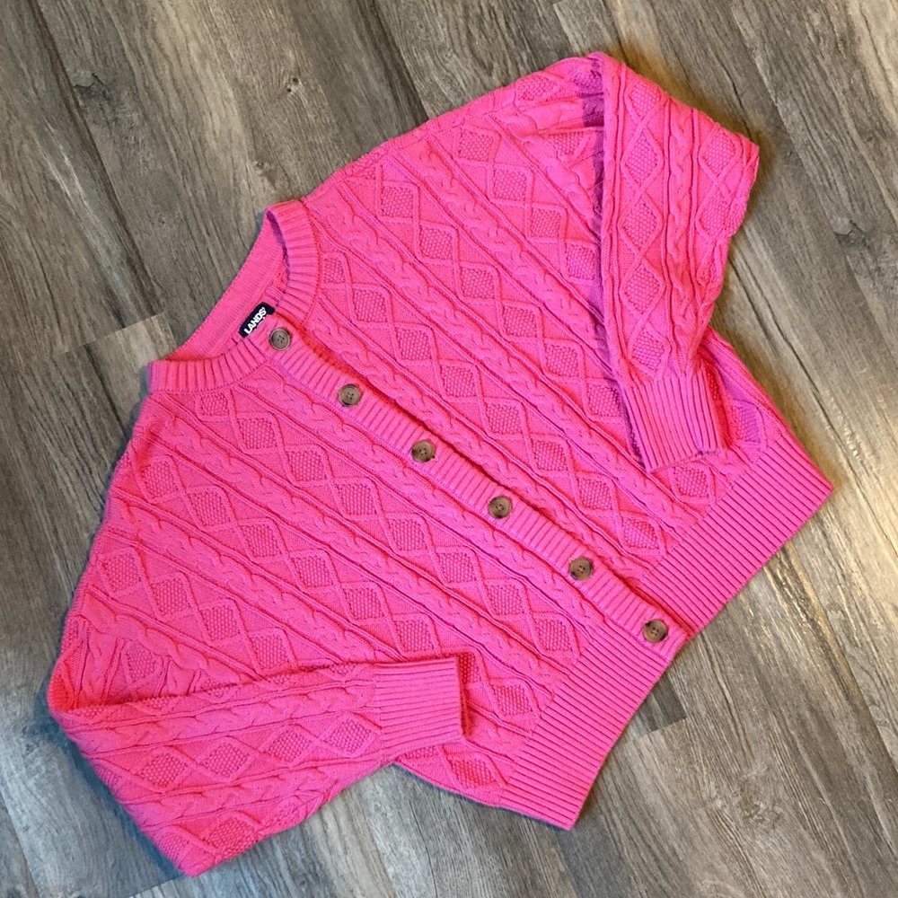 Lands' End Very Pink Drifter Cable-Knit Button-Front Cardigan